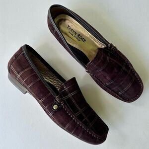 Taryn Rose Chocolate Brown Bronze Metallic Plaid Suede Loafers Made in Italy 38